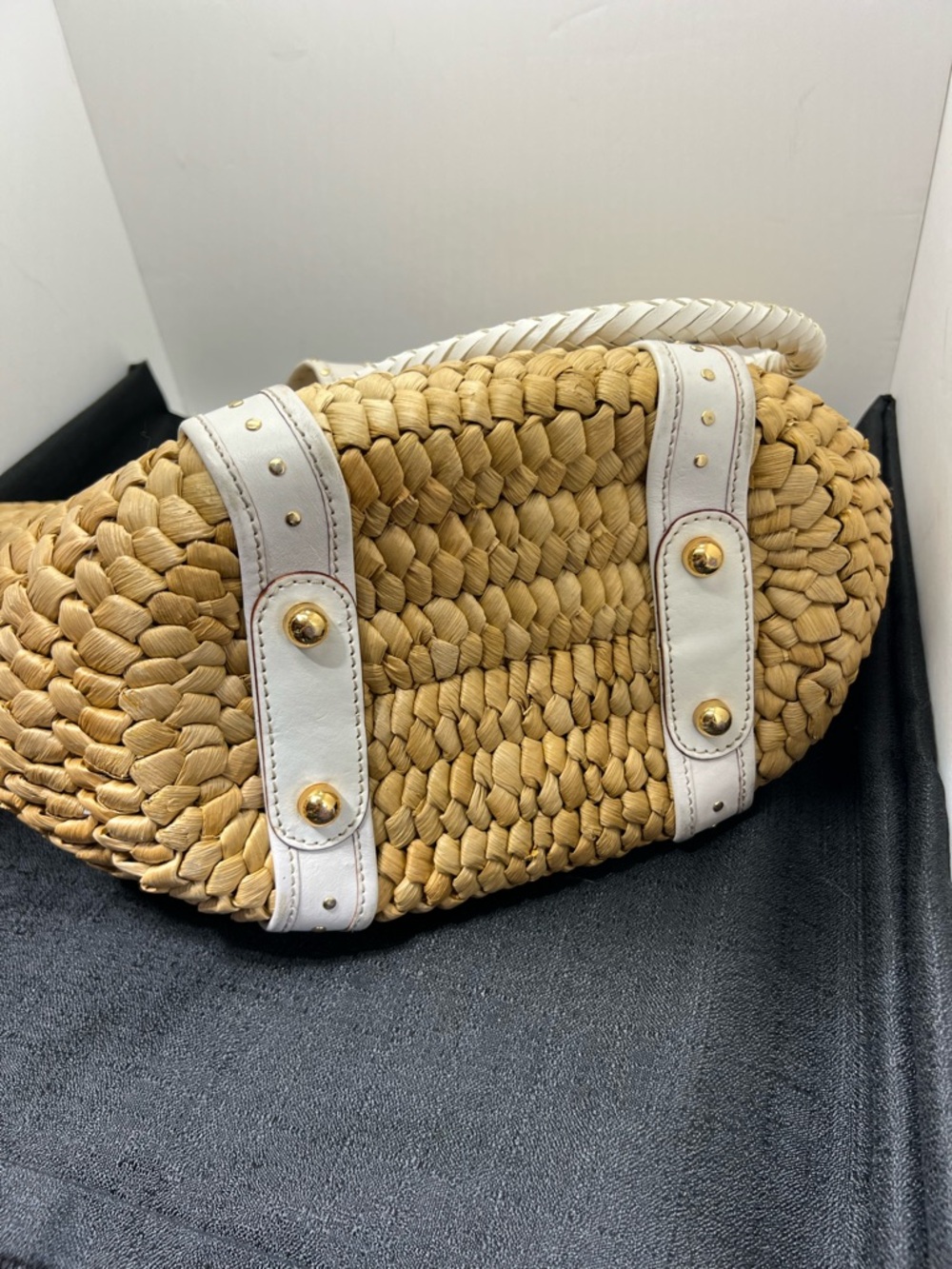 Michael Kors Santorini Woven Straw Tote Ivory Leather Trim Large Bag - Picture 8 of 11